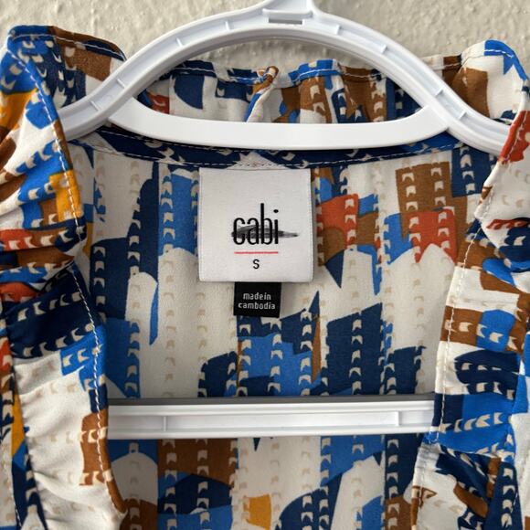Cabi 6106 Jigsaw Blouse Button Front Ruffle V-Neck Blue Brown White Sz S - Picture 4 of 9